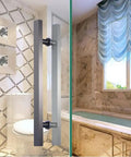 Sliding Barn Door Handle With Smooth Surface For Glass And Wood Doors Easy Install Pull Handle For Interior Or Exterior Doors Gray Finish Multiple Lengths From 50Cm To 100Cm Sleek Modern Look installed on a glass door in a bathroom.