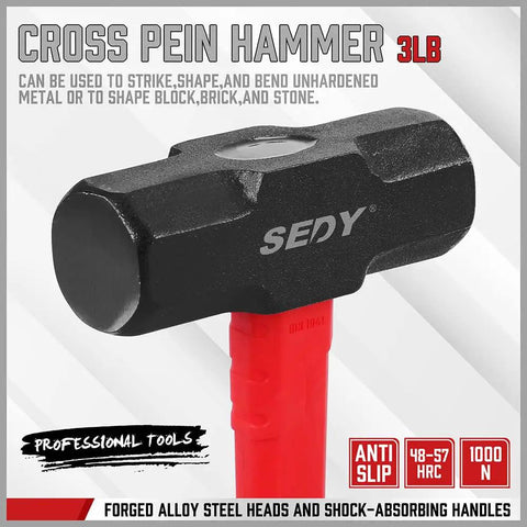 Three-pound cross pein hammer from Five Piece Hammer Set For Home Workshop, durable steel head and red handle for DIY repairs.