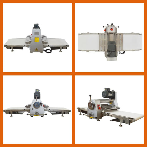 Techtongda Commercial Dough Sheeter Countertop Pizza Pasta Roller With Heavy Duty Conveyor Belt, front and side views.