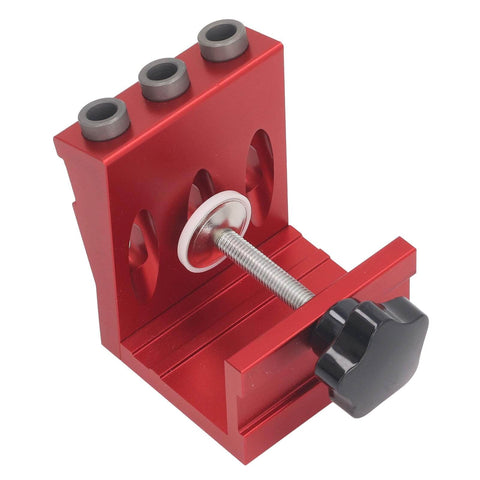 Pocket Hole Jig Set With Steel Bushings And Anodized Aluminum Body Delivers Precise 15 Degree Dowels For Woodworking, Cabinetry, And Furniture Assembly, Industrial Grade Durability, Reliable Accuracy, Ideal For Repeated Use In Shops, showing red anodized aluminum and steel bushings