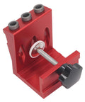 Red aluminum alloy hole jig system for woodworking DIY projects with 3 step drill bits, side view with adjustable clamp.