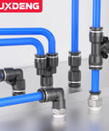 Five Sixteenths OD To One Quarter NPT Thread Male Elbow and Straight Quick Connect Air Fitting in pneumatic setup.