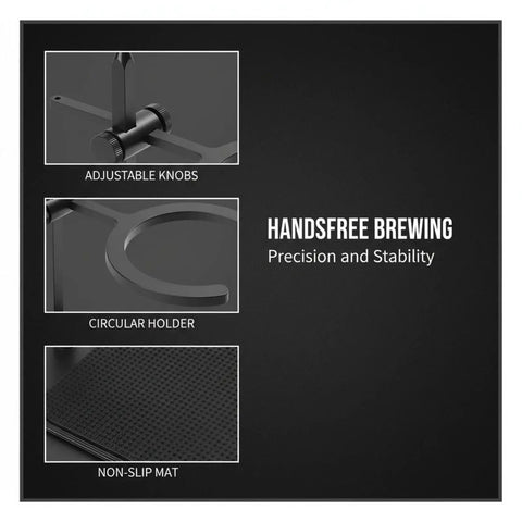 Hassle Free Pour Over Coffee Stand Featuring Adjustable Height Alloy Base With Non Slip Pad and Universal Round Ring for Hands Free Brewing and Smooth Morning Java Ritual On Almost Any Kitchen Counter, showing adjustable knobs, circular holder, and non-slip mat.