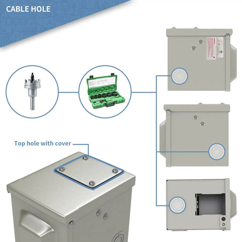 Heavy Duty 50 Amp 250 Volt NEMA 6 50R Welding Outlet Box with cable hole and top cover detail