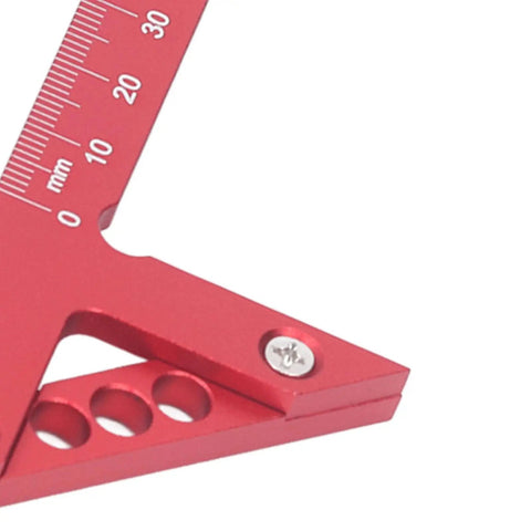 Dead On Aluminum Alloy Center Finder For Woodworking No Nonsense 45 Degree Scribe Marking Tool With Clear Metric Scale close-up view showing measurement scale and holes.