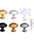 Assorted cabinet knobs in various colors and sizes with screws, featuring dimensions and design details.