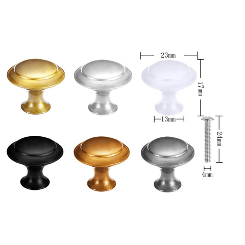 Assorted cabinet knobs in various colors and sizes with screws, featuring dimensions and design details.