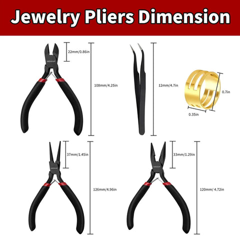 Three Piece Pro Grade Jewelry Pliers Set For DIY Crafting And Jewelry Making The Must Have Kit Includes Chain Nose Pliers, Round Nose Pliers, And Wire Cutters With Tweezers And Jump Ring Built Tough For Wire Wrapping, Repairs And Everyday Jewelry Projects, dimensions shown.