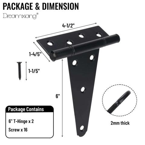 Package and dimensions of 6 Inch T Strap Gate Hinges Tough As Nails Heavy Duty Barn Door Hardware For Shed Fence Yard Gate Black Powder Coated Iron Rustproof 2 Pack