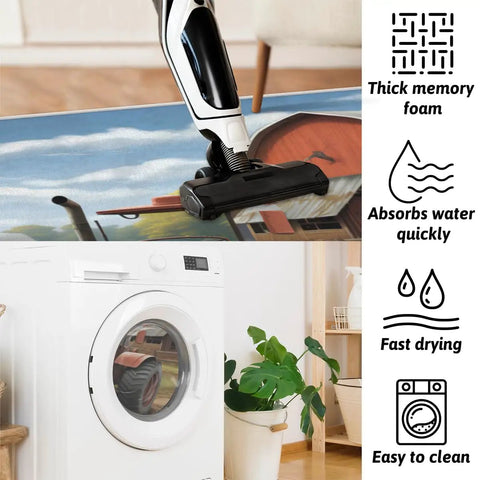 Vacuum on Ultra Plush Oval Non Slip Bathroom Rug Mat 47x20 Memory Foam, Washing Machine, Cozy Underfoot, Farm Deer Tractor Field Design