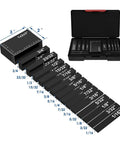 Dead Nuts Accurate Aluminum Height Gauge Block Set Featuring Crisp Etched Inch Measurements For Locking In Router Tables And Table Saws Rock Solid Workshop Essentials Black, showing black aluminum gauge blocks in a storage case.