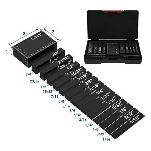 Dead Nuts Accurate Aluminum Height Gauge Block Set Featuring Crisp Etched Inch Measurements For Locking In Router Tables And Table Saws Rock Solid Workshop Essentials Black, showing black aluminum gauge blocks in a storage case.