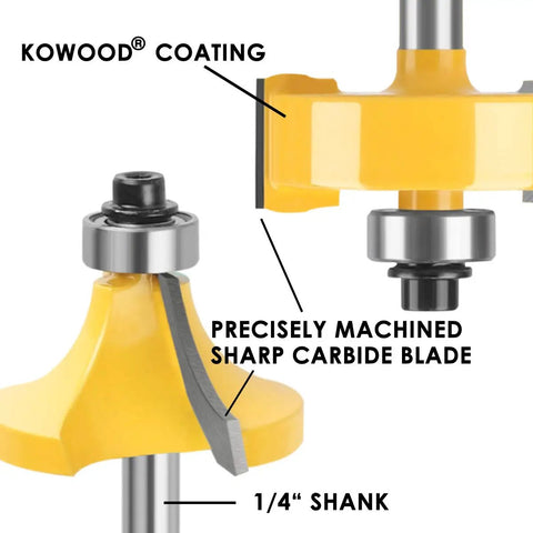 Close-up of All In One 35 Piece One Quarter Inch Shank Router Bit Set With C2 Carbide, featuring sharp blade and 1/4-inch shank.
