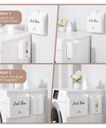Magnetic Lint Bin With Lid And Dryer Sheet Holder for Laundry Room, shown mounted on wall and dryer, white plastic