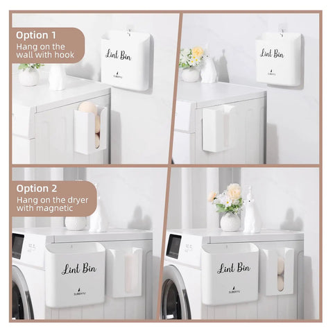 Magnetic Lint Bin With Lid And Dryer Sheet Holder for Laundry Room, shown mounted on wall and dryer, white plastic