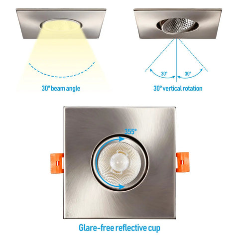 3 Inch Gimbal LED Recessed Light Kit, Dimmable Ten Percent To One Hundred Percent, 7W Equal To 50W Recessed Downlight, CRI 90+, 5000K Daylight, ETL And Energy Star Certified, Satin Nickel Square Trim, 120V, Pack Of 6