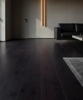 Badass Mahogany Reactive Wood Stain For Knockout Deep Warm Brown Tannin Activated Finish in modern living room with dark wood flooring.