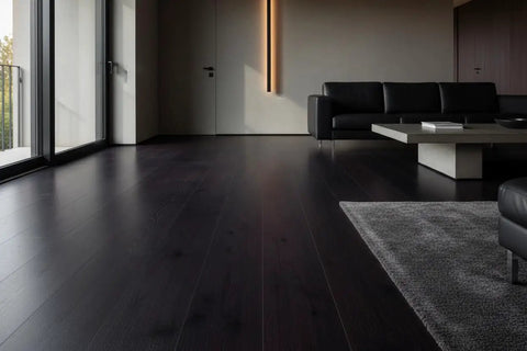 Badass Mahogany Reactive Wood Stain For Knockout Deep Warm Brown Tannin Activated Finish in modern living room with dark wood flooring.