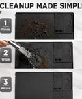 Straight Fire Premium Silicone Coffee Drip Mat With Built In Tamping Station, Non Slip Overflow Shield For Oster Perfect Brew, Heavy Duty Barista Counter Organizer And Quick Drainage Tray, Black showing easy cleanup steps.