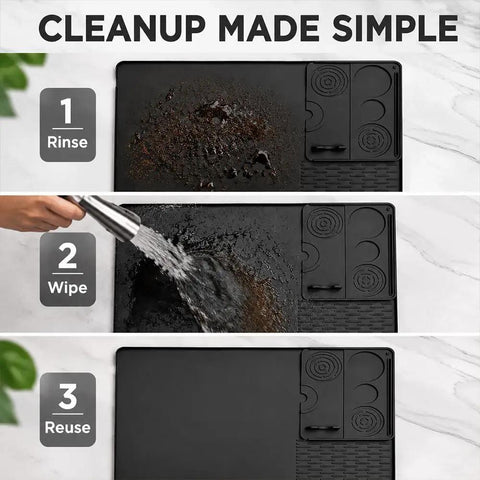 Straight Fire Premium Silicone Coffee Drip Mat With Built In Tamping Station, Non Slip Overflow Shield For Oster Perfect Brew, Heavy Duty Barista Counter Organizer And Quick Drainage Tray, Black showing easy cleanup steps.