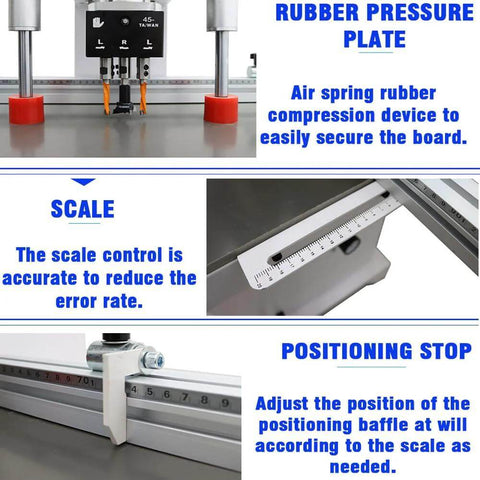 INTBUYING pneumatic hinge boring insertion machine; front view shows clamp, ruler scale, and control panel.