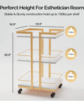Wheeled Beauty Salon Cart On Gold Finish For Mobile Spa And Cosmetology Rolling Cart Organizer with sturdy metal frame.