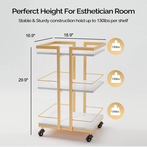 Wheeled Beauty Salon Cart On Gold Finish For Mobile Spa And Cosmetology Rolling Cart Organizer with sturdy metal frame.