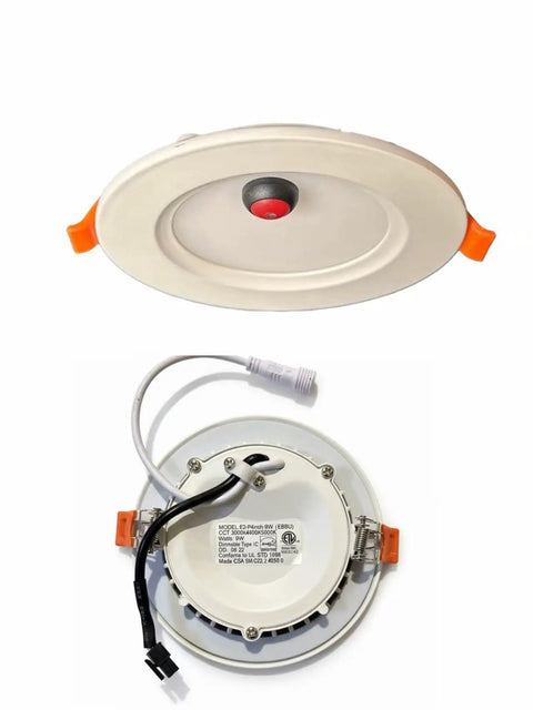 4 Inch LED Downlight 9W Dimmable With 90 Minute Emergency Battery Backup Ultra Slim Recessed Ceiling Light 100-277V No Extra Wiring Needed Easy Test Button, front and back view showing easy test button and wiring details.