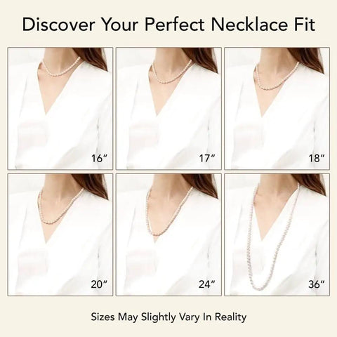 Woman wearing pearl necklaces of various lengths from 16 to 36 inches, showing different fit styles.