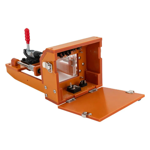 PCBA Test Stand For DIY Projects With 3 Acrylic Boards And Bakelite Fixture, open showcasing internal components, 6 by 5 inches
