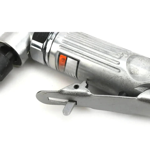 Close-up of Built Tough Pneumatic Angle Die Grinder With A 90 Degree Head, stainless steel, showing control switch.