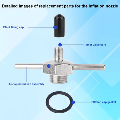 Detailed view of Viper 19487 4 Pack Filling Cap Set with T Bar Handle, showing T-shaped rod, black cap, and gasket component.