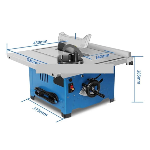 8 Inch Dead Nuts Accurate Table Saw With Kickin 1400W Motor And Slick Sliding Blade For Households with dimensions displayed