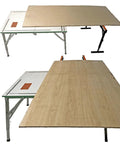 Rock Solid Adjustable Roller Stand Support Two Pack Heavy Steel Frame with a plywood sheet on top for woodworking outfeed use.