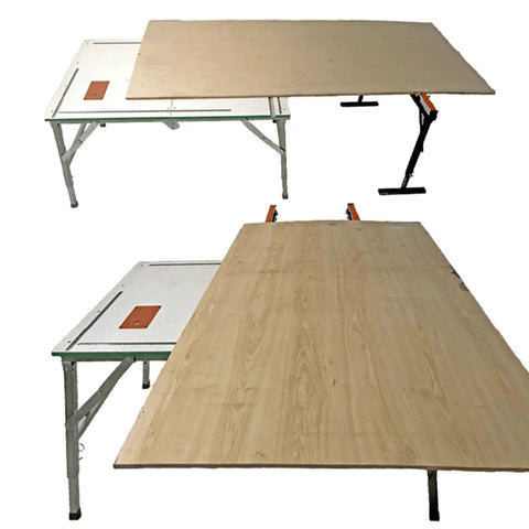 Rock Solid Adjustable Roller Stand Support Two Pack Heavy Steel Frame with a plywood sheet on top for woodworking outfeed use.