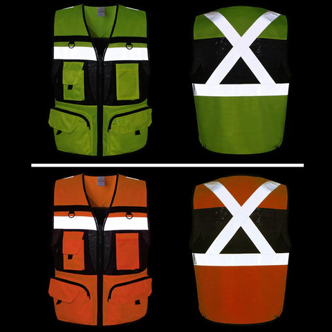 Heavy Duty High Visibility Safety Vest Featuring Breathable Mesh Lining Multiple Storage Pockets And Bright Fluorescent Yellow Fabric For Construction Crew Daily Grind And Rugged Shop Tested Workwear in green and orange with reflective strips.