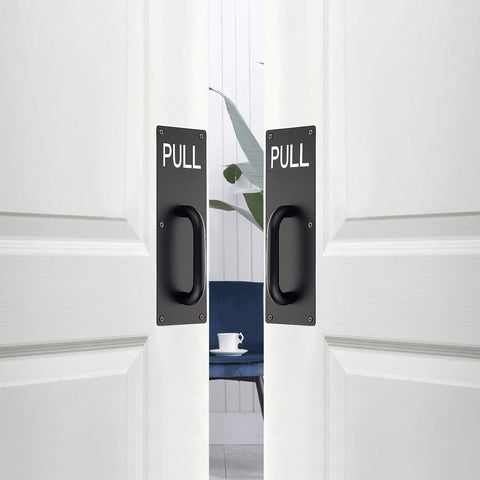 Two Sets 12 Inch Stainless Steel Door Handles For Wall Mounted Push Pull Plates With Screws, Rust Resistant And Durable Black Finish installed on white doors