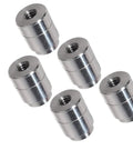 Five Piece Set Of Shop Grade Aluminum Weld On Bungs With 1/4-20 Threaded Inserts For Custom Fabbing Auto Mounts Radiator Tanks And Bracket Hardware Built Damn Tough In America, showing five cylindrical aluminum bungs.