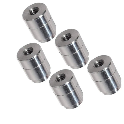 Five Piece Set Of Shop Grade Aluminum Weld On Bungs With 1/4-20 Threaded Inserts For Custom Fabbing Auto Mounts Radiator Tanks And Bracket Hardware Built Damn Tough In America, showing five cylindrical aluminum bungs.