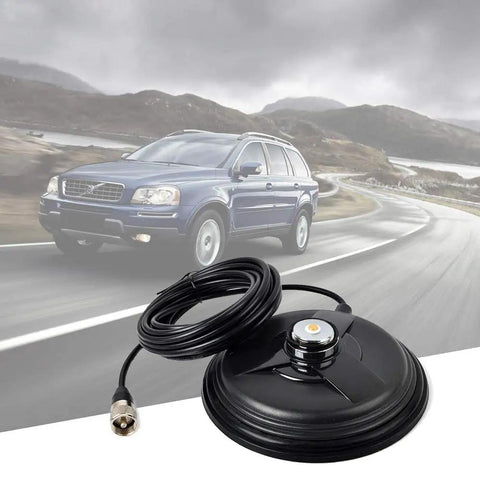 5.9 Inch NMO Magnetic Mount Antenna Base For Ham Mobile Radio With 16.4 Ft RG58 Coax Cable PL259 Plug next to vehicle