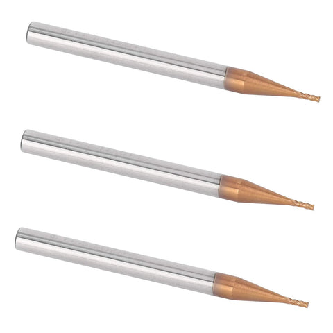 Set of three 4-flute carbide end mills with copper-colored tips; 10mm cutting length for woodworking and engraving