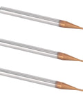 Three 4-flute tungsten carbide end mills with copper-colored tips and silver shanks; 10 mm cutting length.