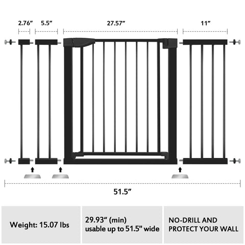 Diagram of Extra Wide Baby Gate For Stairs And Doorways From 29.93 To 51.5 Inches Auto Close Safe Gate showing dimensions.
