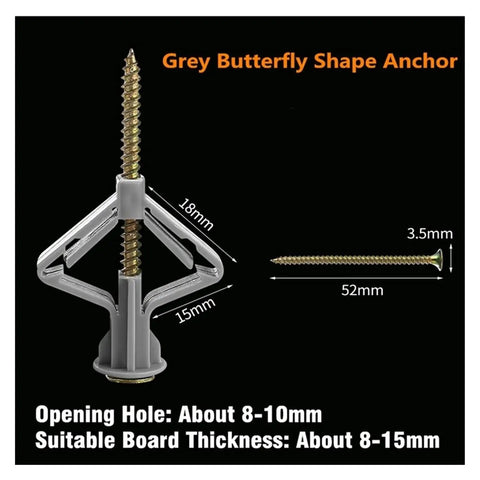100 Pack Plastic Expansion Drywall Anchors With Self Drilling Screws Kit For Gypsum Board And Fiberboard, butterfly shape view.