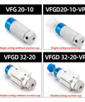 Beefed Up Heavy Duty Mechanical Arm Gripper Cylinder For Pneumatic Systems With Vacuum Generator And Suction Cup 1Pcs VFGD30 20 VP Compatible Versatile Robotic Gripper Accessory For Pick And Place Jobs displayed in different models, some with and without suction cup attachments, illustrating single and double acting capabilities.