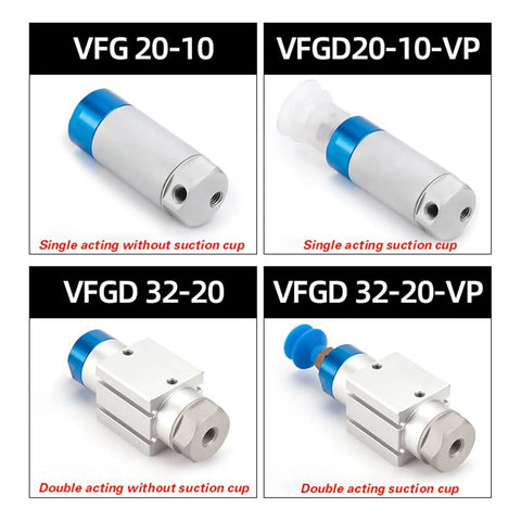 Beefed Up Heavy Duty Mechanical Arm Gripper Cylinder For Pneumatic Systems With Vacuum Generator And Suction Cup 1Pcs VFGD30 20 VP Compatible Versatile Robotic Gripper Accessory For Pick And Place Jobs displayed in different models, some with and without suction cup attachments, illustrating single and double acting capabilities.