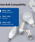 Four different light bulbs and compatibility chart for Digital Toggle Dimmer Switch for Dimmable LED, CFL, Incandescent Lights