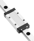 Close-up view of 250mm linear sliding rail guide with carriage block for 3D printers and CNC machines, showing steel rails.