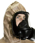 Person wearing Hazmat Grade Disposable Coverall With Hood And Elastic Cuffs Size Small Medium for emergency responders, hospitals, chemical plants
