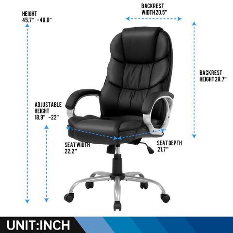 Black ergonomic high back office chair with lumbar support, adjustable height, swivel base, PU leather, and armrests, dimensions shown